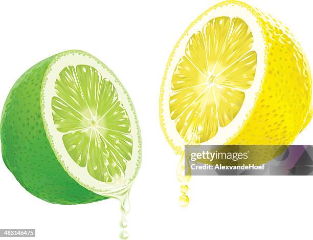 lemon and lime with dripping juice - lime juice stock illustrations