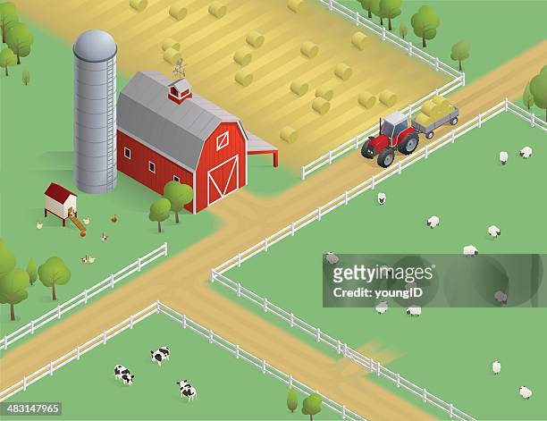illustrations, cliparts, dessins animés et icônes de isométrique farm scène - rural scene