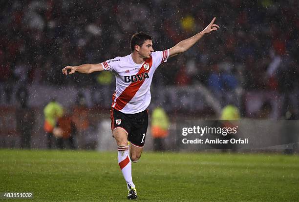 Lucas Alario of River Plate celebrates after scoring the opening goal during a second leg final match between River Plate and Tigres UANL as part of...