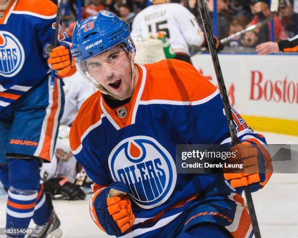 Justin Schultz of the Edmonton Oilers celebrates after scoring against the Anaheim Ducks during an NHL game at Rexall Place on April 6, 2014 in...