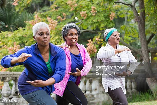 three senior black women practicing tai chi - woman and tai chi stock pictures, royalty-free photos & images