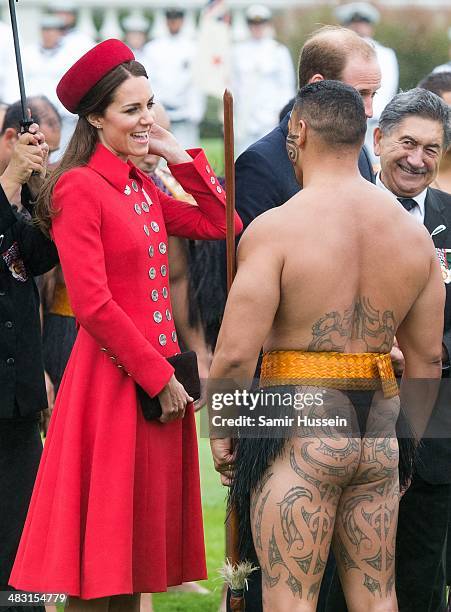 Catherine, Duchess of Cambridge meets a Maori during a Maori Powhiri Ceremonial Welcome at Government House on April 7, 2014 in Wellington, New...