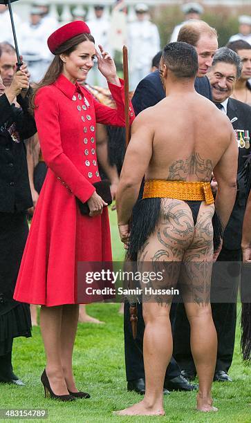 Catherine, Duchess of Cambridge meets a Maori during a Maori Powhiri Ceremonial Welcome at Government House on April 7, 2014 in Wellington, New...