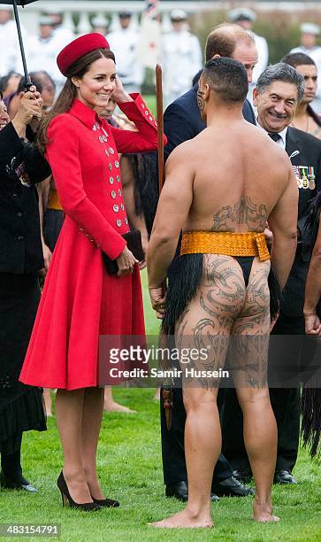 Catherine, Duchess of Cambridge meets a Maori during a Maori Powhiri Ceremonial Welcome at Government House on April 7, 2014 in Wellington, New...