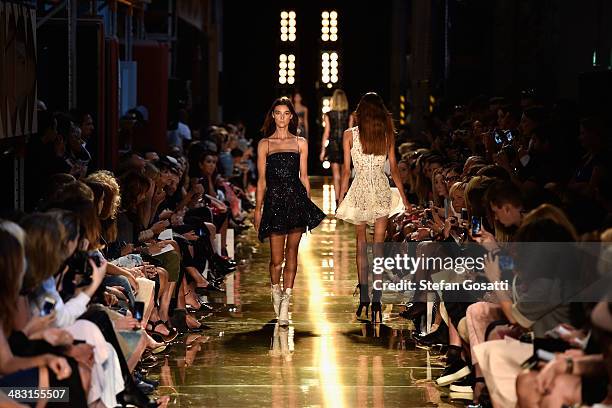 Model Cassi Van Den Dungen walks the runway at the Alex Perry show during Mercedes-Benz Fashion Week Australia 2014 at Carriageworks on April 7, 2014...