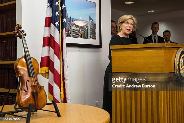 Nina Totenberg speaks at a press conference announcing the recovery of her father, Roman Totenberg's Stadivarius violin, which was stolen after a...