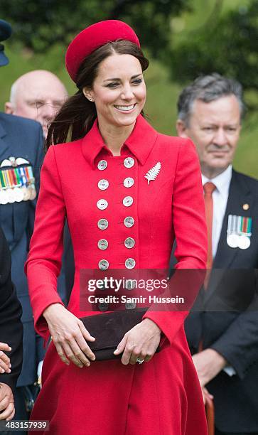 Catherine, Duchess of Cambridge attends a Ceremonial Welcome at Government House on April 7, 2014 in Wellington, New Zealand. The Duke and Duchess of...