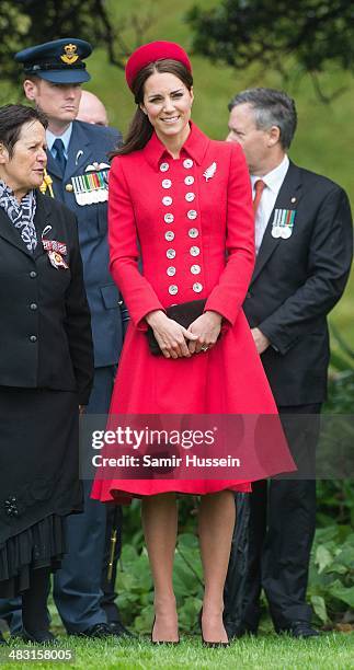 Catherine, Duchess of Cambridge attends a Ceremonial Welcome at Government House on April 7, 2014 in Wellington, New Zealand. The Duke and Duchess of...