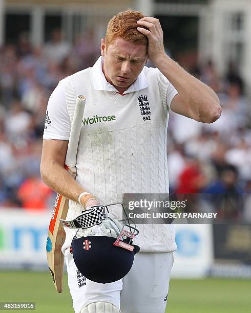 England batsman Jonny Bairstow leaves the crease after losing his wicket on the first day of the fourth Ashes cricket Test match between England and...