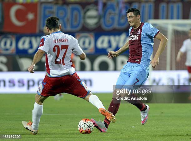 Oscar Cardozo of Trabzonspor in action against Milan Ilievski of Rabotnicki during the UEFA Europa League 3rd qualifying round second leg match...