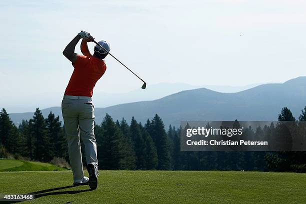 Kyle Stanley hits a tee shot on the 17th hole during the first round of the Barracuda Championship at the Montreux Golf and Country Club on August 6,...