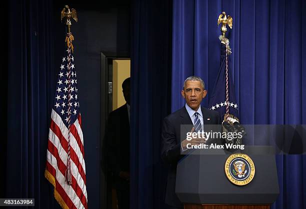 President Barack Obama speaks during an event at the South Court Auditorium of the Eisenhower Executive Office Building August 6, 2015 in Washington,...