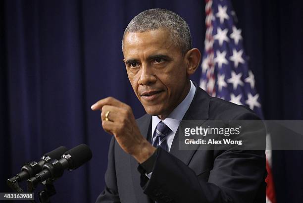 President Barack Obama speaks during an event at the South Court Auditorium of the Eisenhower Executive Office Building August 6, 2015 in Washington,...