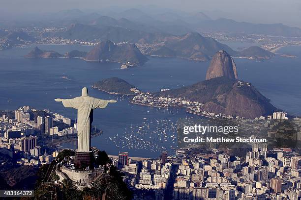 Aerial view of Christ the Redeemer, Flamengo Beach, the Sugar Loaf and Guanabara Bay with one year to go to the Rio 2016 Olympic Games on August 5,...