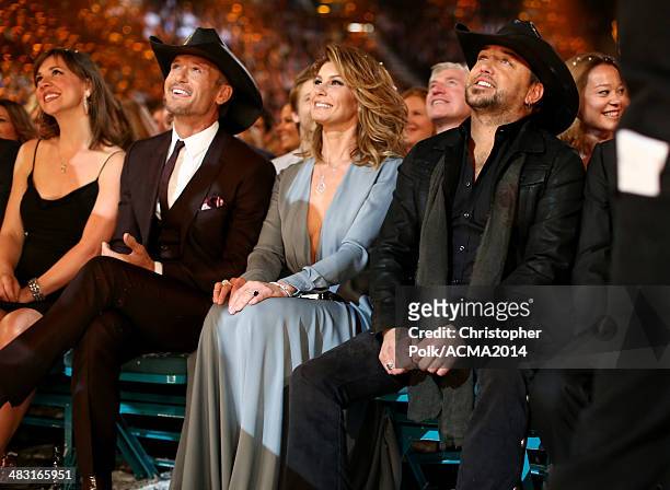 Recording artists Tim McGraw, Faith Hill, Jason Aldean attend the 49th Annual Academy of Country Music Awards at the MGM Grand Garden Arena on April...