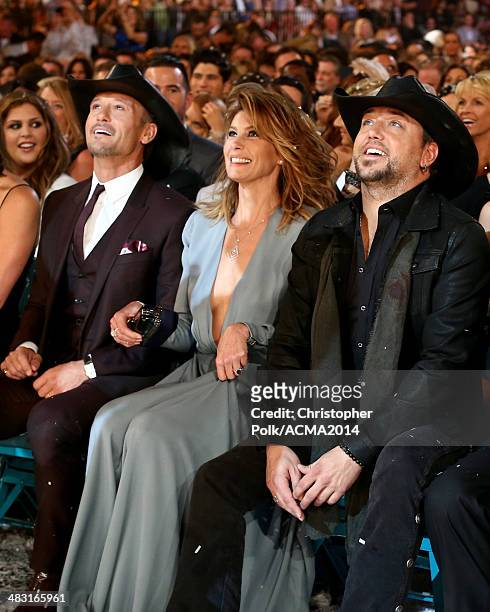 Recording artists Tim McGraw, Faith Hill, Jason Aldean attend the 49th Annual Academy of Country Music Awards at the MGM Grand Garden Arena on April...