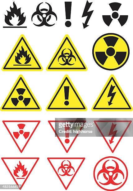 illustrazioni stock, clip art, cartoni animati e icone di tendenza di icone e simboli di pericolo - energia nucleare