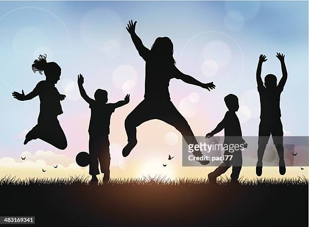 stockillustraties, clipart, cartoons en iconen met happy children jumping - buitenspelen