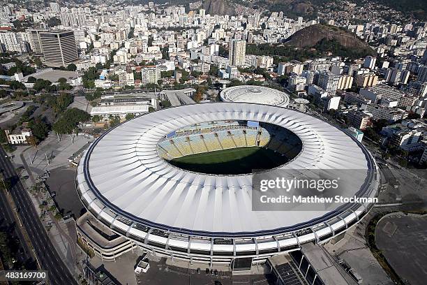 Aerial view of the Maracana Complex with one year to go to the Rio 2016 Olympic Games on August 5, 2015 in Rio de Janeiro, Brazil.