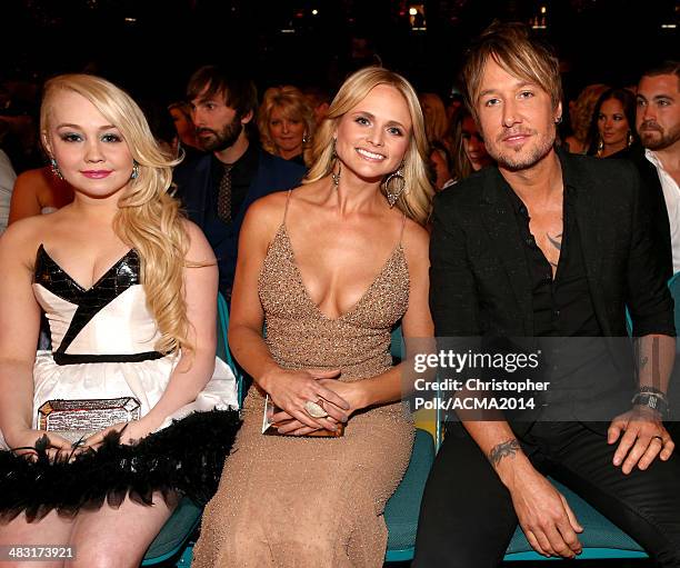 Recording artists RaeLynn, Miranda Lambert and Keith Urban attend the 49th Annual Academy of Country Music Awards at the MGM Grand Garden Arena on...