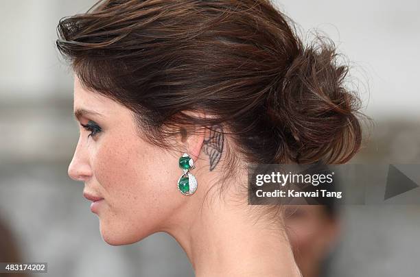 Gemma Arterton, earring detail, attends the UK Premiere of "Gemma Bovery" at Somerset House on August 6, 2015 in London, England.