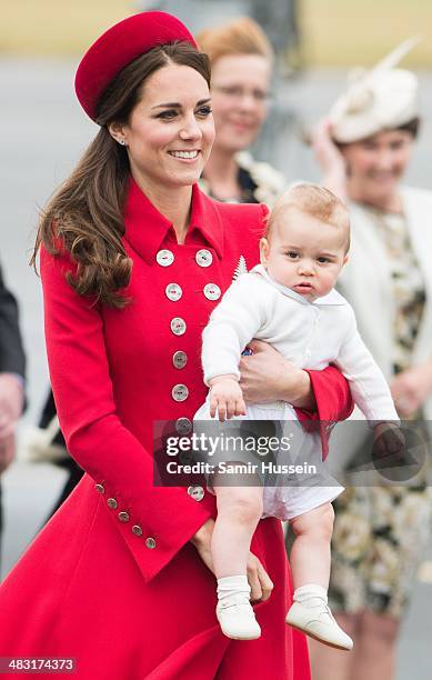 Catherine, Duchess of Cambridge and Prince George of Cambridge arrive at Wellington Airport's military terminal for the start of their tour on April...