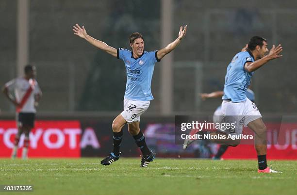 Players of Belgrano celebrate after win the match between Belgrano and River Plate as part of 12th round of Torneo Final 2014 At Mario Alberto Kempes...