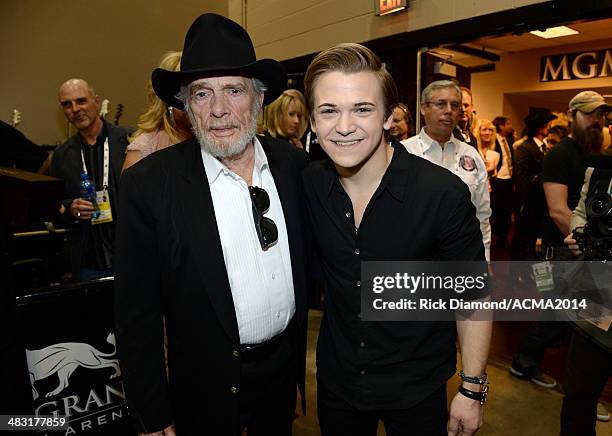 Musicians Merle Haggard and Hunter Hayes attend the 49th Annual Academy of Country Music Awards at the MGM Grand Garden Arena on April 6, 2014 in Las...