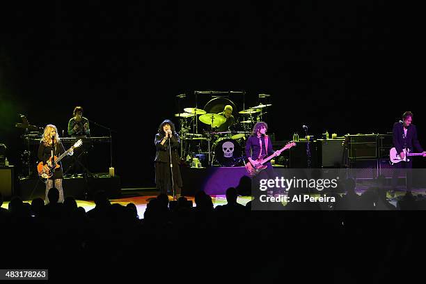 Nancy Wilson, Debbie Shair,Ann Wilson, Ben Smith, Dan Rothchild and Craig Bartock of Heart perform at NJ Performing Arts Center on April 6, 2014 in...