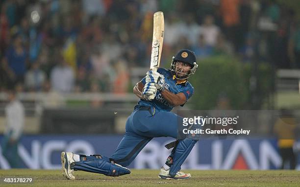 Kumar Sangakkara of Sri Lanka bats during the ICC World Twenty20 Bangladesh 2014 Final between India and Sri Lanka at Sher-e-Bangla Mirpur Stadium on...