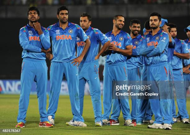 India players react after losing the ICC World Twenty20 Bangladesh 2014 Final between India and Sri Lanka at Sher-e-Bangla Mirpur Stadium on April 6,...