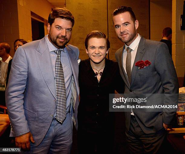 Recording artists Dallas Davidson, Hunter Hayes and David Nail attend the 49th Annual Academy of Country Music Awards at the MGM Grand Garden Arena...