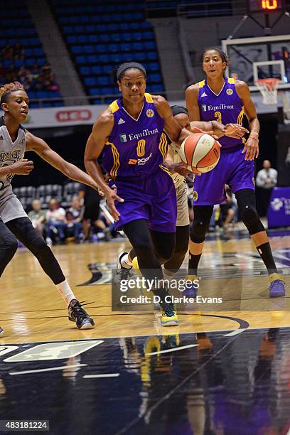 Alana Beard of the Los Angeles Sparks handles the ball against the San Antonio Stars on August 2, 2015 at the Freeman Coliseum in San Antonio, Texas....