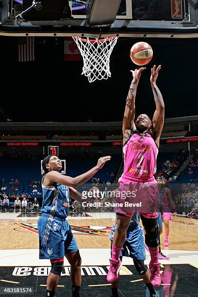 Riquna Williams of the Tulsa Shock grabs the rebound against the Minnesota Lynx on August 1, 2015 at the BOK Center in Tulsa, Oklahoma. NOTE TO USER:...