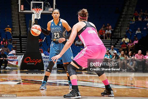 Maya Moore of the Minnesota Lynx handles the ball against the Tulsa Shock on August 1, 2015 at the BOK Center in Tulsa, Oklahoma. NOTE TO USER: User...
