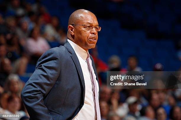 Fred Williams of the Tulsa Shock watches his team play against the Minnesota Lynx on August 1, 2015 at the BOK Center in Tulsa, Oklahoma. NOTE TO...