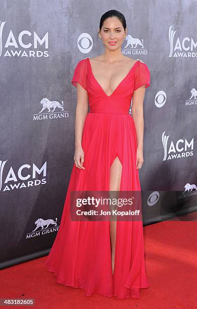 Actress Olivia Munn arrives at the 49th Annual Academy Of Country Music Awards at the MGM Grand Hotel and Casino on April 6, 2014 in Las Vegas,...