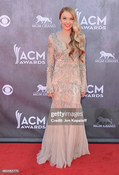 Singer Danielle Bradbery arrives at the 49th Annual Academy Of Country Music Awards at the MGM Grand Hotel and Casino on April 6, 2014 in Las Vegas,...