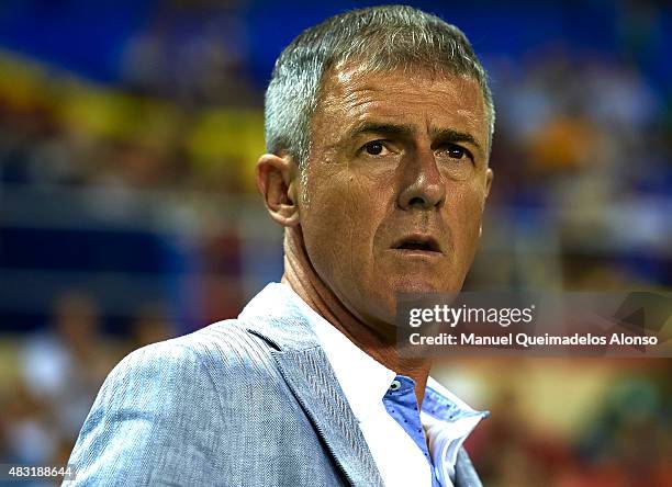 Levante UD manager Lucas Alcaraz looks on before a Pre Season Friendly match between Levante UD and Villarreal CF at Ciutat de Valencia Stadium on...