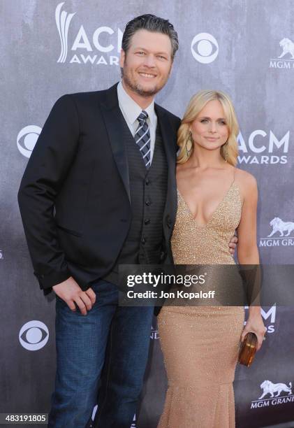 Singers Blake Shelton and wife Miranda Lambert arrive at the 49th Annual Academy Of Country Music Awards at the MGM Grand Hotel and Casino on April...