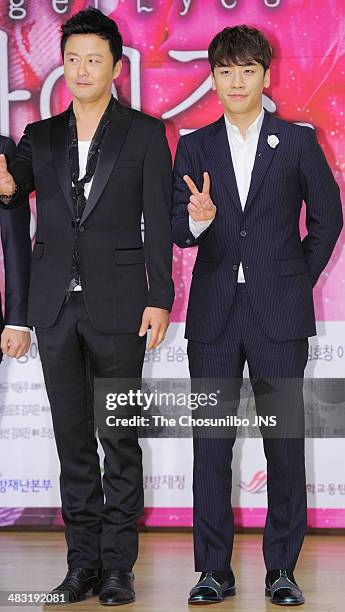 Kong Hyung-Jin and Seung-Ri of BigBang attend the SBS drama 'Angel Eyes' press conference at SBS broadcasting center on April 3, 2014 in Seoul, South...