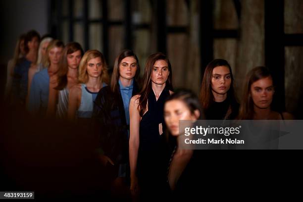 Models walk the runway at the Bec and Bridge show during Mercedes-Benz Fashion Week Australia 2014 at Blacksmith's Workshop, Carriageworks on April...