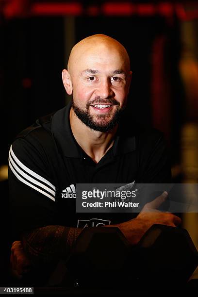 Forbes of the New Zealand All Black Sevens poses for a portrait following a press conference at Eden Park on August 07 in Auckland, New Zealand....