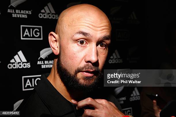Forbes of the New Zealand All Black Sevens speaks during a press conference at Eden Park on August 07 in Auckland, New Zealand. Forbes announced...