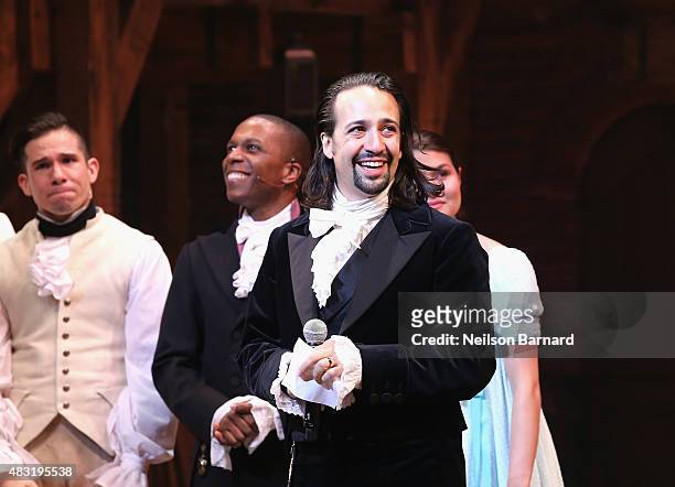 Lin-Manuel Miranda performs at "Hamilton" Broadway Opening Night at Richard Rodgers Theatre on August 6, 2015 in New York City.