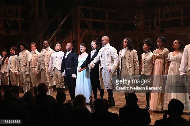 Cast of Hamilton perform at "Hamilton" Broadway Opening Night at Richard Rodgers Theatre on August 6, 2015 in New York City.