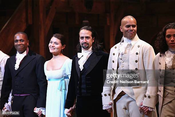 Leslie Odom; Jr., Phillipa Soo, Lin-Manuel Miranda and Christopher Jackson attend "Hamilton" Broadway Opening Night at Richard Rodgers Theatre on...