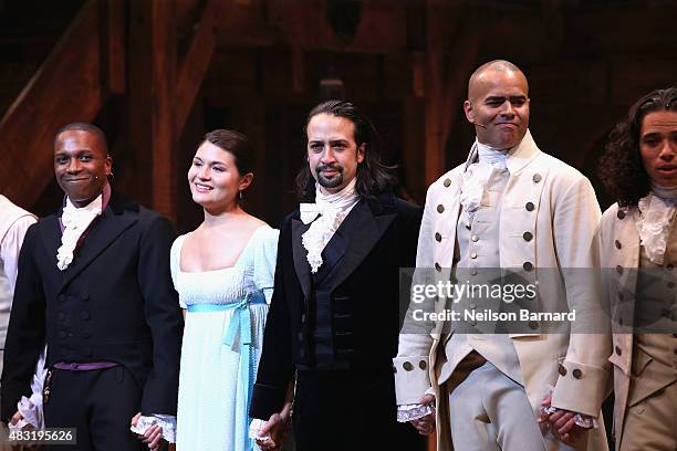 Leslie Odom; Jr., Phillipa Soo, Lin-Manuel Miranda and Christopher Jackson attend "Hamilton" Broadway Opening Night at Richard Rodgers Theatre on...