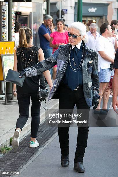 Karl Lagerfeld is seen on the harbour of Saint Tropez on August 6, 2015 in Saint-Tropez, France.