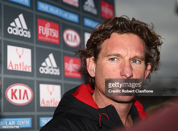 Bombers coach James Hird speaks to the media during a Essendon Bombers training session at the True Value Solar Centre on August 7, 2015 in...